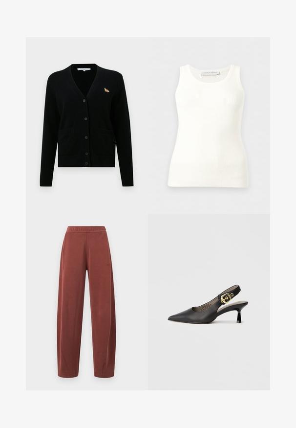 Cardigan noir en matériau doux, avec un décolleté en V, une fermeture à boutons, deux poches avant et un petit détail brodé de renard sur la poitrine.; Débardeur blanc côtelé sans manches avec encolure ronde, coupe ajustée, et étiquette de la marque à l'intérieur du col arrière.; Pantalon droit à taille élastique marron avec poches latérales et détails de couture subtils.; Chaussure à talon haut noire à bride arrière, avec un bout pointu, une texture en cuir lisse et une accent de boucle dorée sur la bride.