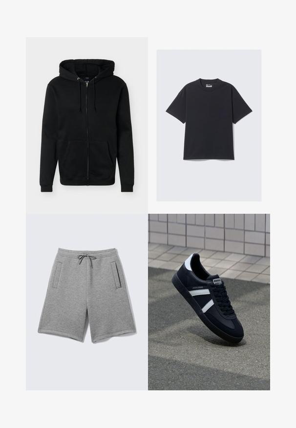 Sweat à capuche noir zippé avec poches avant et capuche ajustable avec cordon, affiché sur un fond blanc uni.; T-shirt en coton noir avec un col rond classique, des manches courtes et une coupe décontractée. Texture lisse avec un minimum de détails de couture.; Shorts décontractés gris clair avec taille ajustable à cordon et deux poches latérales verticales sur fond uni.; Sneaker en cuir noir avec des rayures blanches, semelle en caoutchouc texturée et devant à lacets. Présente une étiquette de marque sur la languette.