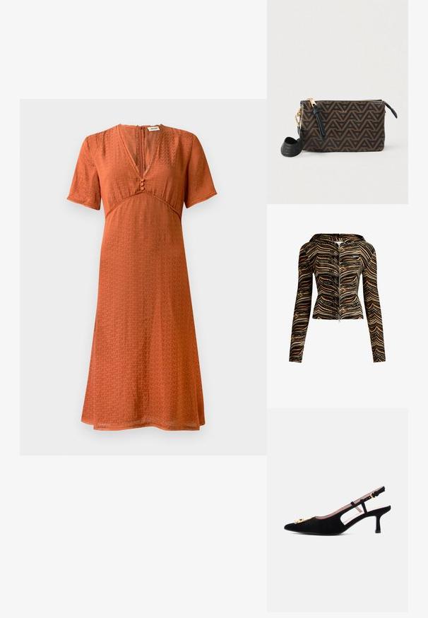 Chaqueta con capucha y cremallera en un patrón de olas marrón y negro. Está hecha de una tela texturizada, cuenta con mangas largas y un diseño ajustado.; Vestido de manga corta en color óxido con un patrón texturizado. Presenta un escote en V y un cierre de botones en la parte delantera, con una silueta acampanada y fluida.; Zapato de tacón kitten de ante negro con tira trasera, punta puntiaguda y detalle de hebilla dorada sobre fondo gris claro.; Bolso rectangular marrón con patrón geométrico hecho de material sintético. Cuenta con una cremallera dorada, una correa negra y un detalle de logo en el frente.