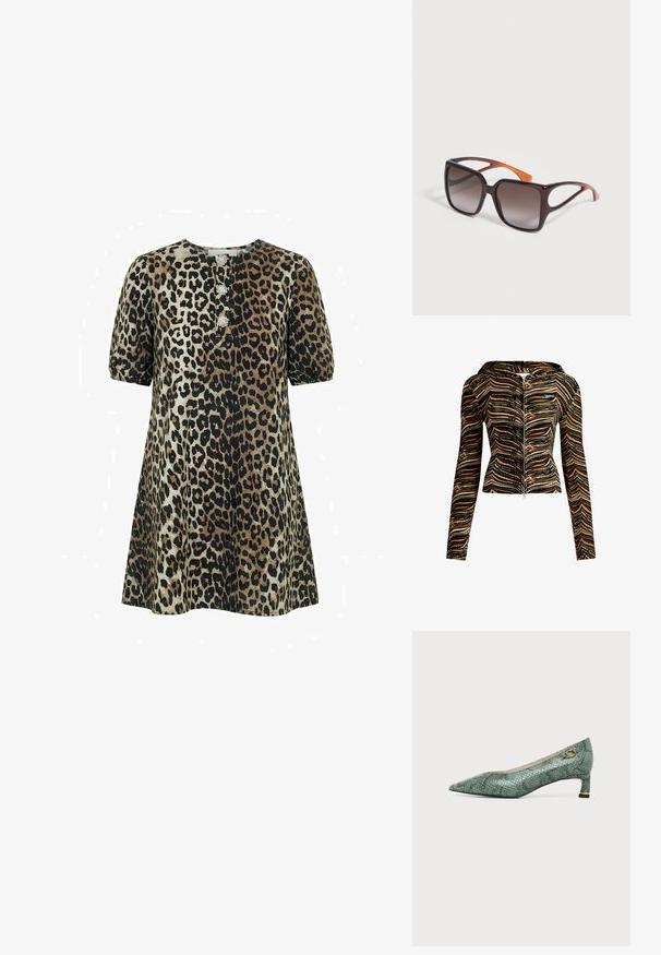 Chaqueta con capucha y cremallera en un patrón de olas marrón y negro. Está hecha de una tela texturizada, cuenta con mangas largas y un diseño ajustado.; Vestido de manga corta con estampado de leopardo, escote redondo y tres botones decorativos en el centro del frente.; Zapato de salón bajo con textura de piel de serpiente gris-verde, puntera puntiaguda y logotipo decorativo dorado cerca del talón sobre fondo blanco.; Gafas de sol marrones con montura cuadrada, lentes oscuras con degradado y extremos de las patillas naranjas, descansando sobre una superficie blanca.