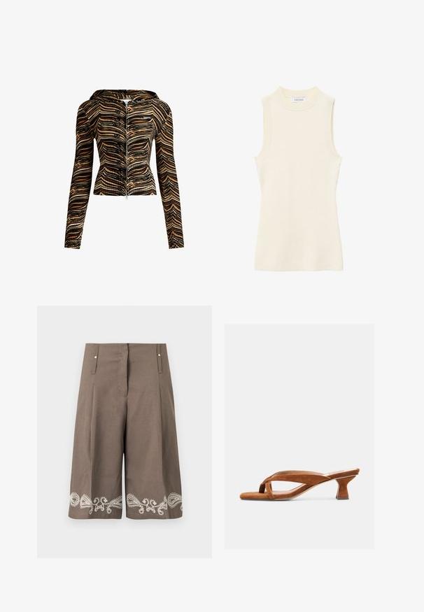 Chaqueta con capucha y cremallera en un patrón de olas marrón y negro. Está hecha de una tela texturizada, cuenta con mangas largas y un diseño ajustado.; Top sin mangas de punto canalé crema con cuello alto redondo y silueta ajustada.; Pantalones cortos marrones hasta la rodilla con bolsillos delanteros y patrones paisley bordados en blanco a lo largo del dobladillo.; Sandalia marrón de ante con punta abierta, tacón bajo de tipo “kitten” y tiras cruzadas, mostrada sobre un fondo claro y liso.