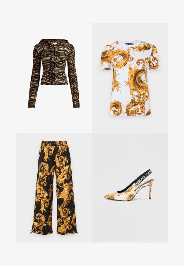 Chaqueta con capucha y cremallera en un patrón de olas marrón y negro. Está hecha de una tela texturizada, cuenta con mangas largas y un diseño ajustado.; Camiseta blanca de manga corta de Versace Jeans con elaborados patrones barrocos en tonos dorados y marrones en forma de remolinos y salpicaduras.; Pantalones negros de pierna ancha con cintura elástica, con un audaz patrón de remolinos barrocos en amarillo dorado y cordones ajustables en los bajos.; Zapato de tacón alto con puntera puntiaguda, estampado blanco y dorado, con tira elástica negra que lleva la inscripción "VERSACE JEANS".