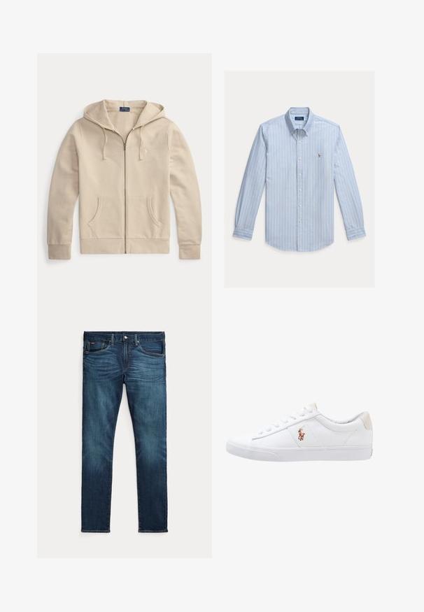 Beige lynlåstrøje med frontlommer og snøre i hætten, med Polo Ralph Lauren-mærke og broderet logo på brystet.; Lyseblå langærmet skjorte med hvide lodrette striber og et lille broderet Polo Ralph Lauren-logo på brystet.; Mørkeblå slim-fit jeans med frontknap og lynlås, fem lommer og subtil falmen på forreste lår og knæ.; Hvide kanvas sneakers med lågtop design, prydet med en beige hælkappe og et lille broderet logo på siden. Gummisål.