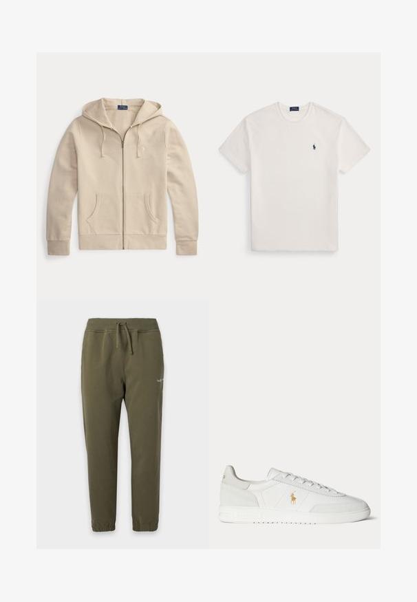 Sweat à capuche zippé beige avec poches avant et cordon de serrage à la capuche, avec étiquette Polo Ralph Lauren et logo brodé sur la poitrine.; T-shirt blanc à manches courtes avec col rond et petit logo joueur de polo bleu marine sur la poitrine gauche.; Pantalon jogger vert olive avec taille et poignets élastiques, cordon de serrage, et petit logo blanc sur le haut de la cuisse.; Baskets basses blanches avec design à lacets, logo Polo Ralph Lauren doré sur le côté et semelle texturée sur fond uni.