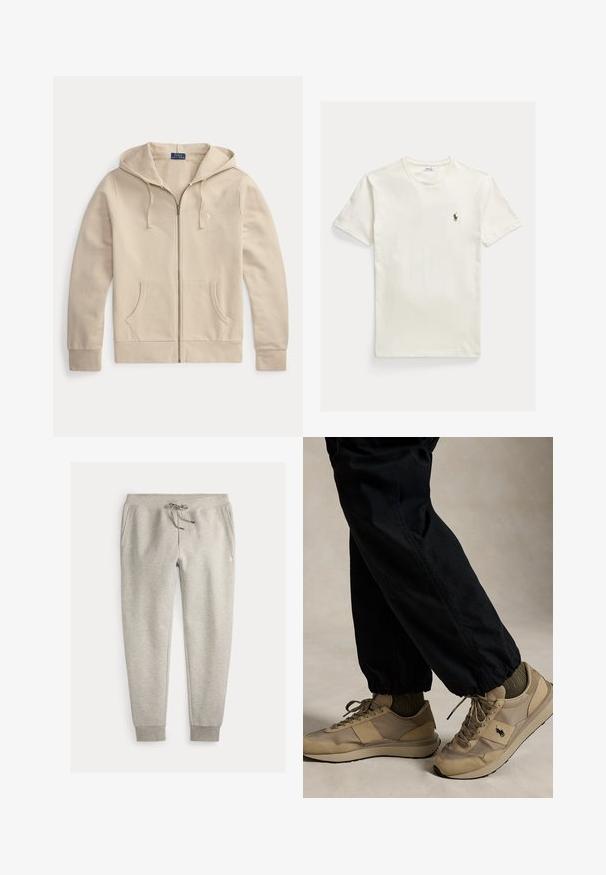 Beige lynlåstrøje med frontlommer og snøre i hætten, med Polo Ralph Lauren-mærke og broderet logo på brystet.; Enkel hvid T-shirt med korte ærmer og et lille broderet polospiller-logo på venstre bryst, lagt fladt på en lys baggrund.; Lysegrå joggingbukser med snøre i taljen, sidelommer, ribbet manchetter og lille broderet logo på højre lår.; Person iført beige snørestøvler med sort logo, olivengrønne sokker og sorte bukser med elastiske manchetter, stående på en neutral gulv.