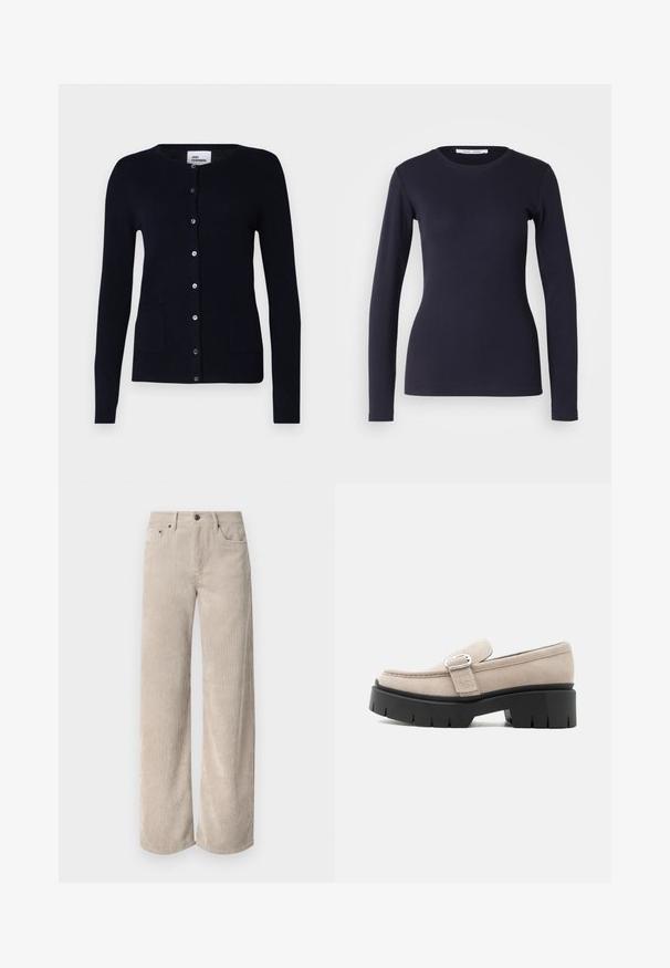 Marineblauwe cardigan van zachte brei met een ronde hals, knopen aan de voorkant en twee voorkruiszakken, gedragen over een beige turtleneck en een paarse broek.; Marineblauwe lange mouwen T-shirt van zachte katoen. Heeft een ronde hals, aansluitende pasvorm en geribbelde textuur. Eenvoudig en effen kleurontwerp.; Beige corduroy wijde broek met verticale strepen, voorzien van een knoopsluiting en voorkruiden. Zacht, gestructureerd materiaal met een relaxte pasvorm.; Beige suède loafer met zilveren gesp en dikke zwarte chunkysouw, zijaanzicht op witte achtergrond.