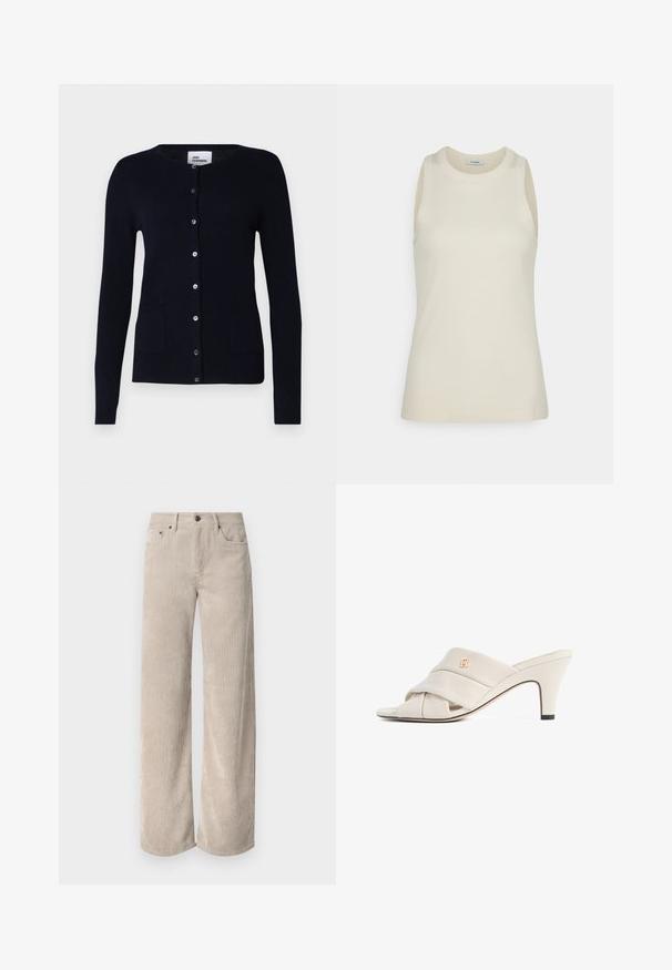 Marineblå cardigan i blødt strik med rund halsudskæring, knaplukning foran og to forlommer, lagdelt over en beige turtleneck og brune bukser.; IVY OAK KLARA ANN - Top - almond milk; Beige corduroy bukser med vidde og lodrette striber, der har knaplukning og frontlommer. Blødt, tekstureret stof med en afslappet pasform.; Beige højhælede mules med et snoet læderstropdesign, åben tå og præget logoaccent. Hælen har en sort spidsdetalje.