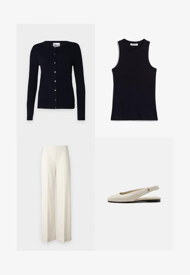 Marineblå cardigan i blødt strik med rund halsudskæring, knaplukning foran og to forlommer, lagdelt over en beige turtleneck og brune bukser.; Sort ærmeløs top med ribbet tekstur, rund halsudskæring og regulær pasform. Mærket viser "IVY OAK." Ingen yderligere mønstre eller accenter.; Hvide brede bukser lavet af et glat stof med frontfolder. Designet med en høj talje og en ren finish.; Flatsko i cremefarvet læder med rundet tå og lille guldemblem på remmen.