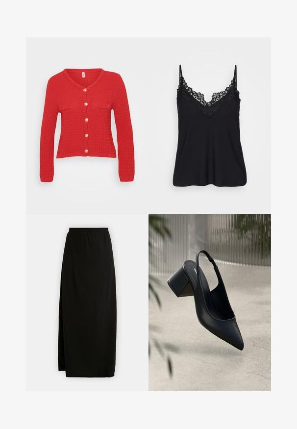 Roter gestrickter Cardigan mit V-Ausschnitt, langen Ärmeln und einer Knopfverschluss mit sechs runden, cremefarbenen Knöpfen sowie zwei flachen Taschen.; Schwarzes Trägertop mit Spitzenbesatz entlang des Rundhals- und der Träger; weicher Stoff mit fließendem Design für eine entspannte Passform.; Schwarzer Maxirock aus weichem Jersey-Material, mit einem elastischen Taillenbund und einem seitlichen Schlitz für mehr Bewegungsfreiheit.; Schwarze Leder-Slingback-Pumps mit spitzem Zehenbereich und Blockabsatz. Glatte Textur, minimalistisches Design und verstellbarer Knöchelriemen.