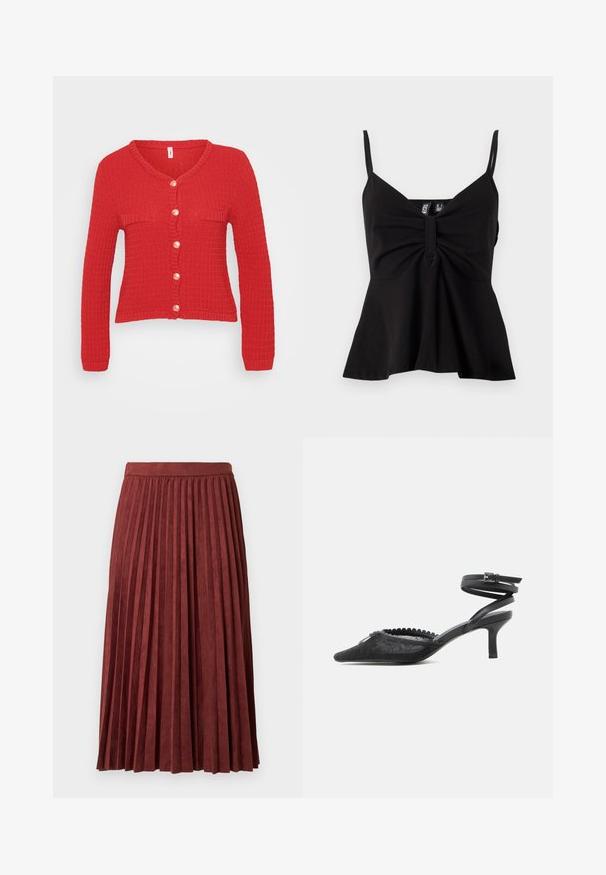 Roter gestrickter Cardigan mit V-Ausschnitt, langen Ärmeln und einer Knopfverschluss mit sechs runden, cremefarbenen Knöpfen sowie zwei flachen Taschen.; Schwarzes ärmelloses Oberteil mit V-Ausschnitt, gefälteltem Vorderteil und ausgestellt geschnittenem Saum. Hergestellt aus einem glatten, elastischen Stoff mit dünnen, verstellbaren Trägern.; Midirock in Burgunderrot mit Falten, gefertigt aus weichem Stoff, mit vertikalen Falten und einem taillierten Bund. Glatte Textur in einfarbiger Ausführung.; Schwarzer spitzer Kitten-Heel mit Spitze, gewelltem Rand und umwickelndem Knöchelriemen mit Schnallenverschluss.