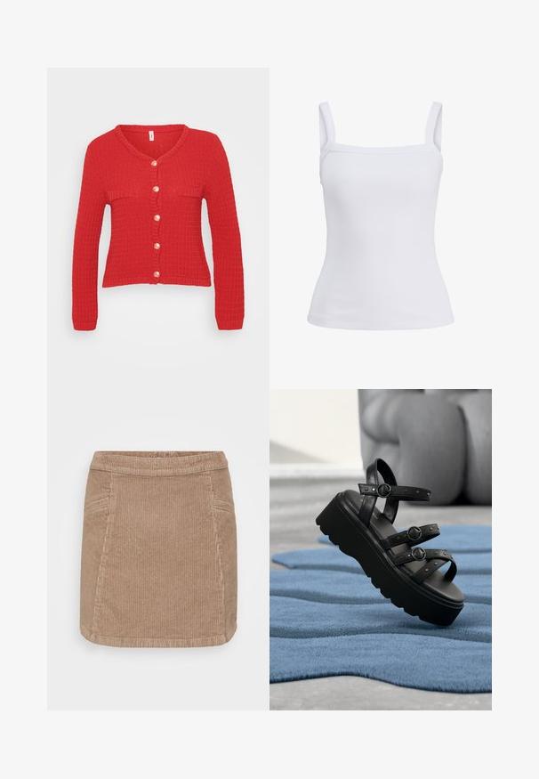Roter gestrickter Cardigan mit V-Ausschnitt, langen Ärmeln und einer Knopfverschluss mit sechs runden, cremefarbenen Knöpfen sowie zwei flachen Taschen.; Weißes geripptes Tanktop mit breiten Schulterträgern und geradem Ausschnitt, auf einfarbigem Hintergrund dargestellt.; Cord-Rock im hellbraunen Farbton. Verfügt über einen taillierten Bund, vertikale gerippte Textur und zwei Seitentaschen. Mittellange bis zum Oberschenkel.; Schwarze Plateausandale mit drei verstellbaren Riemen und Schnallen, platziert auf einem strukturierten blauen Teppich mit unscharfem Hintergrund.