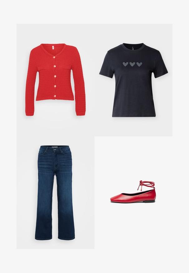 Roter gestrickter Cardigan mit V-Ausschnitt, langen Ärmeln und einer Knopfverschluss mit sechs runden, cremefarbenen Knöpfen sowie zwei flachen Taschen.; Schwarzes kurzärmliges T-Shirt aus Baumwolle mit drei Reihen von Herzmotiven aus Strasssteinen über der Brust, die eine glatte Textur zeigen.; ONLY Petite ONLMADISON BLUSH WIDE - Wide Leg - dark blue denim; Rote Leder-Ballettschuhe mit eckiger Zehenpartie und einer gewickelten Knöchelriemen-Detail. Glatte Textur und ein kleiner schwarzer Absatz.