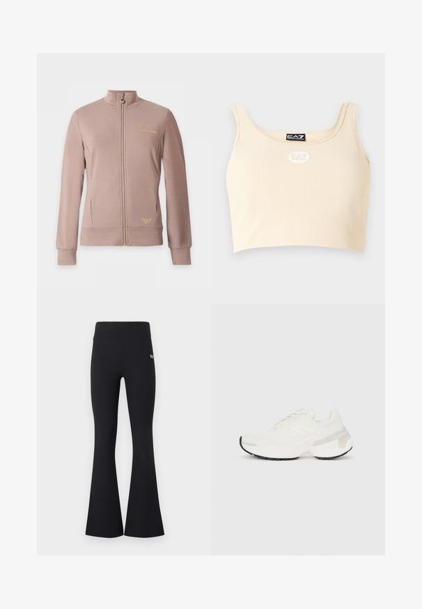 Veste beige zippée avec col montant, manches longues, deux poches avant et logos dorés EA7 Emporio Armani sur la poitrine et la hanche.; Débardeur court beige côtelé avec larges bretelles et logos EA7 Emporio Armani sur la poitrine et le col intérieur.; Pantalon noir côtelé taille haute évasé avec ceinture élastique et petit logo blanc EA7 sur la cuisse droite supérieure.; Baskets sportives blanches avec un dessus texturé, fermeture à lacets et une semelle épaisse avec une semelle en caoutchouc noire et des accents translucides.