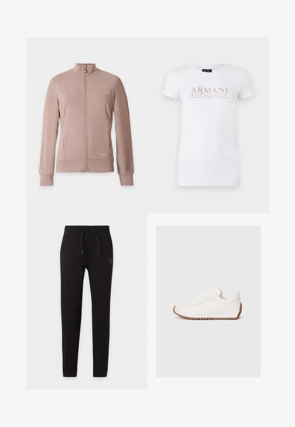 Veste beige zippée avec col montant, manches longues, deux poches avant et logos dorés EA7 Emporio Armani sur la poitrine et la hanche.; T-shirt blanc à manches courtes en coton, avec un logo « ARMANI EXCHANGE » en rose doré brillant centré sur le devant. Coupe classique.; Pantalon de survêtement noir slim avec taille élastique et cordon, avec petit logo "EA7 Emporio Armani" sur la cuisse gauche.; Baskets blanches avec tige en cuir lisse, semelle en caoutchouc texturée, bout rond et détails de couture subtils. Semelle extérieure en caoutchouc marron contrastante.