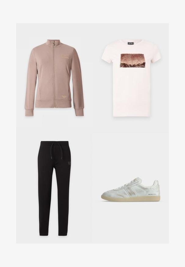 Veste beige zippée avec col montant, manches longues, deux poches avant et logos dorés EA7 Emporio Armani sur la poitrine et la hanche.; T-shirt à manches courtes rose pâle avec un design de sequins réversibles rectangulaires doré rose et marron sur la poitrine et un col rond.; Pantalon de survêtement noir slim avec taille élastique et cordon, avec petit logo "EA7 Emporio Armani" sur la cuisse gauche.; Baskets basses blanches avec semelle beige, fermeture à lacets sur le devant, petits plis subtils et logo "MICHAEL KORS" près du talon côté extérieur.