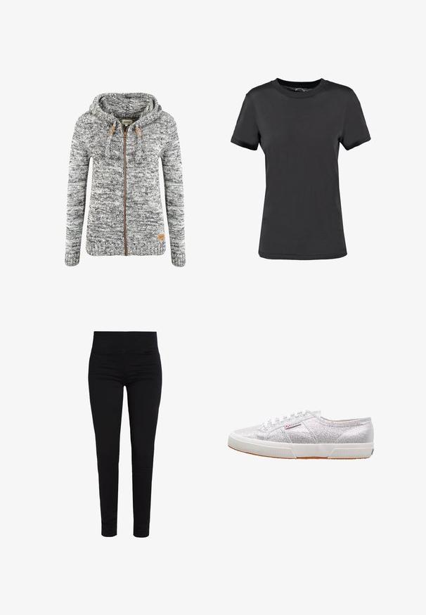 Grå og hvid strikket hættejakke med lynlås, snøre og brune læderdetaljer. Ribbet manchetter og kant. Logo mærke på den nederste side.; Sort kortærmet t-shirt lavet af glat stof. Har en rund halsudskæring uden synlige mønstre eller detaljer, hvilket giver et enkelt design.; Sorte leggings lavet af et glat, strækbart stof, med en bred, elastisk taljebånd og en slim fit, der bliver smallere ved anklerne. Ingen synlige lukninger.; Sølvglitrende sneakers med hvid gummisål, der har rund tå, snørebåndsdesign og et logo-patch på siden.