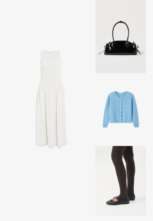 American Vintage Gilet - atmosphere chine; Robe midi blanche sans manches avec corsage smocké et jupe froncée, dotée d'un col rond et d'une coupe décontractée.; Jambes portant des leggings côtelés foncés associés à des ballerines noires avec de petits détails en nœud sur fond blanc.; Petit sac à main noir brillant avec deux longues anses et des détails à cordon sur les côtés sur un fond clair uni.