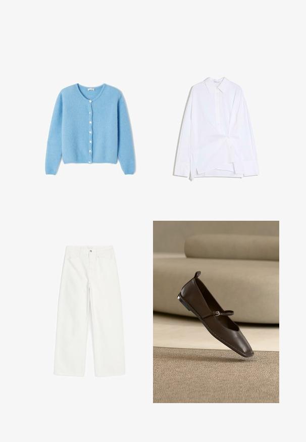 American Vintage Gilet - atmosphere chine; Chemise blanche à manches longues avec boutons, devant asymétrique torsadé et col classique, présentée sur un fond blanc.; Jean blanc à jambes larges avec poches avant, passants pour ceinture, fermeture par bouton et couture visible sur chaque jambe.; Chaussure plate Mary Jane en cuir brun foncé avec une petite boucle, positionnée debout sur un tapis beige devant un canapé de couleur claire.