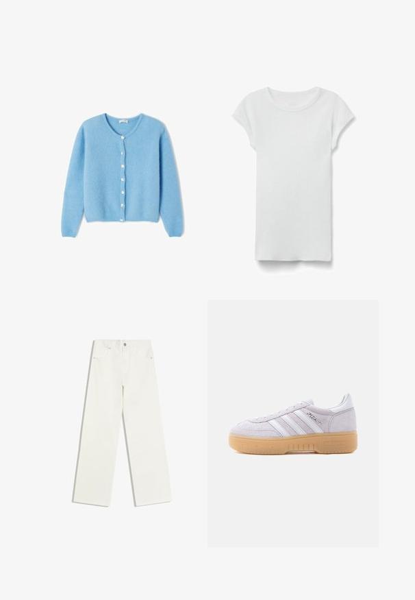 American Vintage Gilet - atmosphere chine; T-shirt blanc à manches courtes, côtelé, col rond, posé à plat sur fond blanc, montrant le devant et un style simple et décontracté.; Jean blanc taille haute, jambes droites, avec poches avant et fermeture à bouton sur fond blanc.; Baskets Adidas en daim blanc avec une semelle en gomme, trois bandes blanches et le texte « Spezial » sur le côté, vues de l'intérieur.