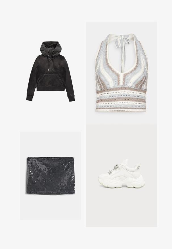 Zwarte rits hoodie gemaakt van zachte, gestructureerde stof. Voorzien van een trekkoordkap, steekzakken aan de voorkant en ribgebreide manchetten en zoom. Subtiel logo op de borst.; Haken haltertop met lichtblauwe, beige en witte strepen, een diepe V-halslijn en een strik aan de achterkant. Open geweven textuur door het hele ontwerp.; Zwarte pailletten clutch met een rechthoekige vorm, met een gladde textuur en reflecterende pailletten die het oppervlak bedekken voor extra glans.; Witte chunky sneaker met dikke, getextureerde zool, zilveren ster en vlinderdecoraties op witte veters, en zilveren studs op de hieltab.