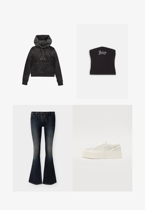 Zwarte rits hoodie gemaakt van zachte, gestructureerde stof. Voorzien van een trekkoordkap, steekzakken aan de voorkant en ribgebreide manchetten en zoom. Subtiel logo op de borst.; Zwarte fitted crop top met een gladde textuur en een ronde halslijn, versierd met strasstenen letters die "Juicy" op de voorkant spellen.; Donkergewassen denim flare jeans met vetersluiting aan de voorkant en subtiele vervaging op de dijen en knieën.; Witte platform sneakers met een tekstuuroverzicht en iriserende accenten, en een dikke ribbelzool. Veters en een trekband aan de achterkant.