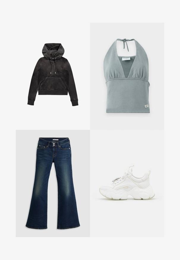 Schwarze Zip-Hoodie aus weichem, strukturiertem Material. Verfügt über eine Kordelzugkapuze, Fronttaschen und gerippte Bündchen und Saum. Subtiles Logo auf der Brust.; Halterneck-Crop-Top in gedämpftem Grau, aus weichem Stoff gefertigt, mit gerafftem Bustier, Netzelementen und einem kleinen Logotag am Saum.; Dunkelblaue Jeans im Super-Low-Flare-Schnitt mit Front- und Gesäßtaschen, doppeltem Knopfverschluss und verwaschenen Details an Oberschenkeln und Knien.; Weisse, klobige Sneaker aus Leder und Netzmaterialien, mit einer dicken Sohle, abgerundeter Zehenpartie und dekorativen Schnürsenkeln. Leicht strukturierte Akzente.