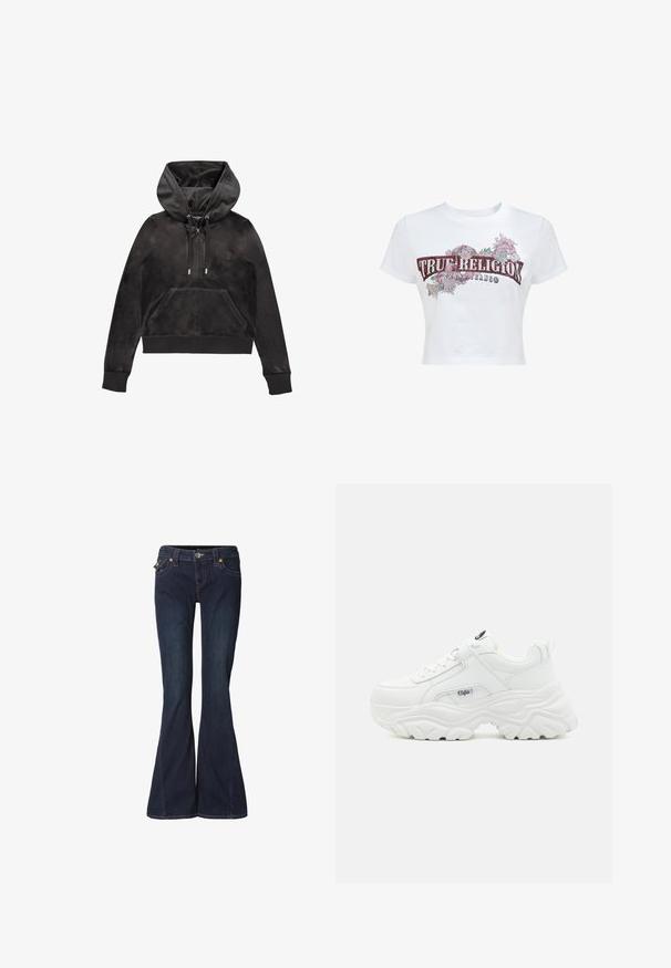 Zwarte rits hoodie gemaakt van zachte, gestructureerde stof. Voorzien van een trekkoordkap, steekzakken aan de voorkant en ribgebreide manchetten en zoom. Subtiel logo op de borst.; Witte cropped T-shirt met korte mouwen met de tekst "True Religion Brand Jeans" en bloemmotieven in rood, roze en groen aan de voorkant.; Uitlopende donkerblauwe spijkerbroek met een nauwsluitende taille, twee voorzakken en subtiele stikdetails. Voorzien van knoop- en ritssluiting.; Witte chunky sneakers met een soepel leren bovenwerk, ronde neus en een dikke, gestructureerde zool met een zichtbaar merklogo aan de zijkant.