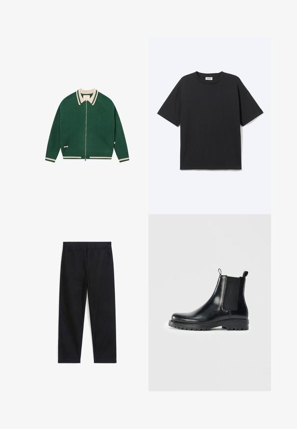 Cardigan vert en maille zippé avec col, poignets et ourlet rayés crème, étalé à plat sur fond blanc.; T-shirt noir à manches courtes avec col rond, coupe décontractée, vue de face, design uni et étiquette de la marque Weekday visible à l’intérieur du col.; Pantalons noirs à jambes droites avec passants de ceinture, bouton avant, fermeture éclair et poches avant inclinées sur fond blanc.; Bottes Chelsea en cuir noir avec des panneaux élastiques sur les côtés, une languette pour un enfilage facile et une semelle en caoutchouc robuste avec une adhérence texturée.