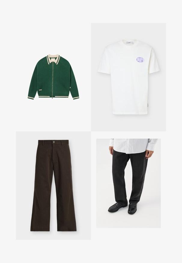 Cardigan vert en maille zippé avec col, poignets et ourlet rayés crème, étalé à plat sur fond blanc.; T-shirt blanc à manches courtes en coton avec un logo ovale lilas sur le côté gauche de la poitrine et un col rond.; Pantalon brun foncé à coupe droite avec coutures verticales discrètes et fermeture à bouton à la taille.; Pantalons en denim noir associés à des mocassins noirs brillants. La chemise est blanche avec de fines rayures verticales, avec des manches longues et un col boutonné.