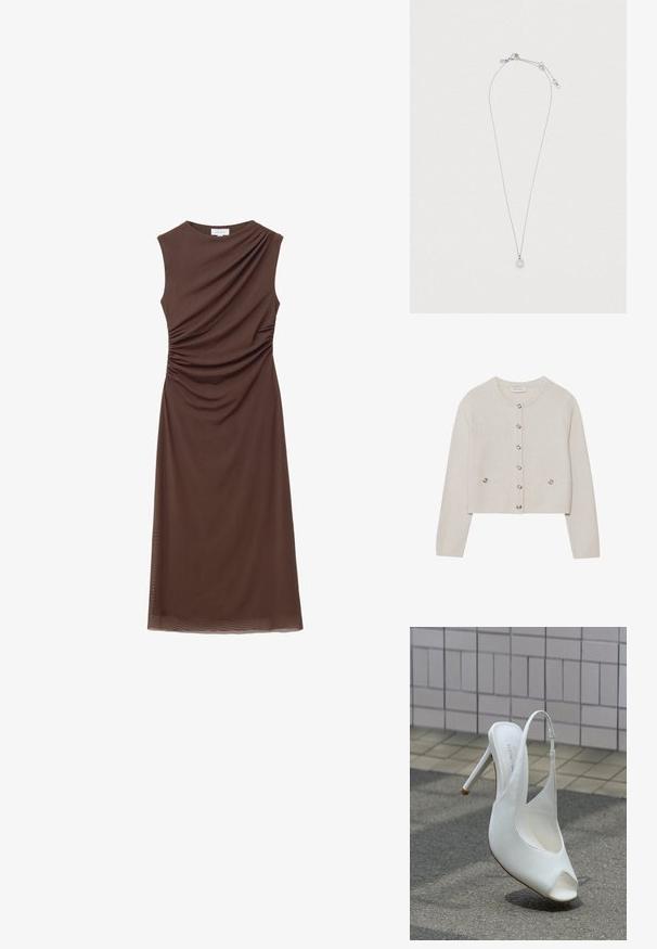 Cárdigan de punto color crema con mangas largas, escote redondo, seis botones delanteros y dos pequeños bolsillos con botones en la cintura.; Vestido sin mangas de color marrón, confeccionado en una tela suave, con detalles drapeados y fruncidos en el costado para una silueta ajustada.; Zapato blanco de tacón alto con tira trasera y puntera abierta sobre pavimento frente a una pared de azulejos, proyectando una sombra en el suelo.; Collar de plata con una cadena delicada y un pequeño colgante en forma de herradura adornado con piedras transparentes, resaltando su diseño intrincado.