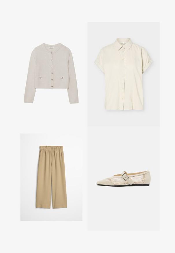 Cream-colored knitted cardigan with long sleeves, round neckline, six front buttons, and two small buttoned pockets at the waist.; Short-sleeve beige button-up shirt with folded cuffs and a classic collar, displayed on a white background.; Wide-leg beige trousers with elastic waistband and hem detailing, displayed flat on a light background.; Beige pointed-toe flats with a mesh panel design, featuring a buckle strap and a low black sole, highlighting a contrasting texture.