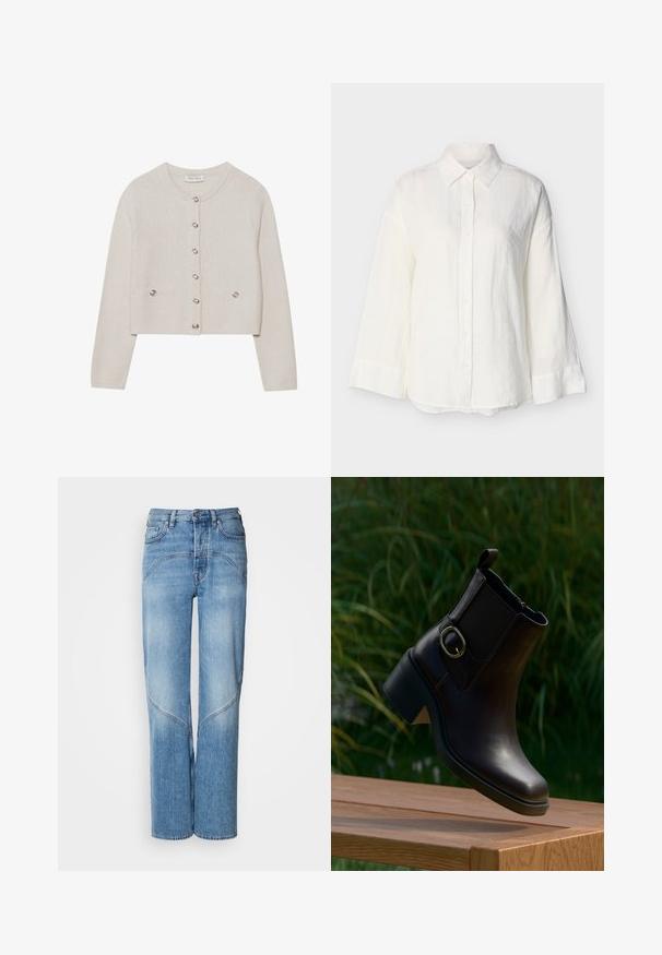 Cream-colored knitted cardigan with long sleeves, round neckline, six front buttons, and two small buttoned pockets at the waist.; White long-sleeve button-up shirt with pointed collar and wide cuffs, displayed against a plain light background.; Light blue denim jeans feature a relaxed fit, wide legs, and curved stitching details. The fabric has a smooth texture with slight fading.; Black leather ankle boot with a low heel and side buckle floating above a wooden surface outdoors with green foliage background.