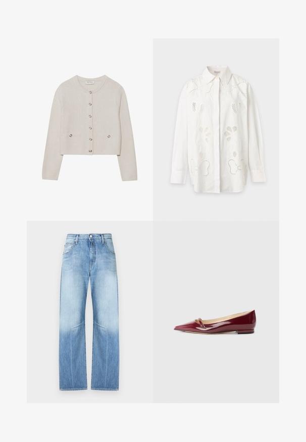 Cárdigan de punto color crema con mangas largas, escote redondo, seis botones delanteros y dos pequeños bolsillos con botones en la cintura.; Camisa blanca de manga larga con botones, con detalle de bordado floral con recortes y cuello puntiagudo sobre un fondo liso.; Vaqueros de mezclilla azul claro de tiro alto con piernas anchas y rectas, cierre frontal con botones y diseño de cinco bolsillos.; Bailarinas de charol burdeos con punta afilada, que presentan un pequeño detalle de corte y un tacón bajo. Textura suave y diseño elegante.