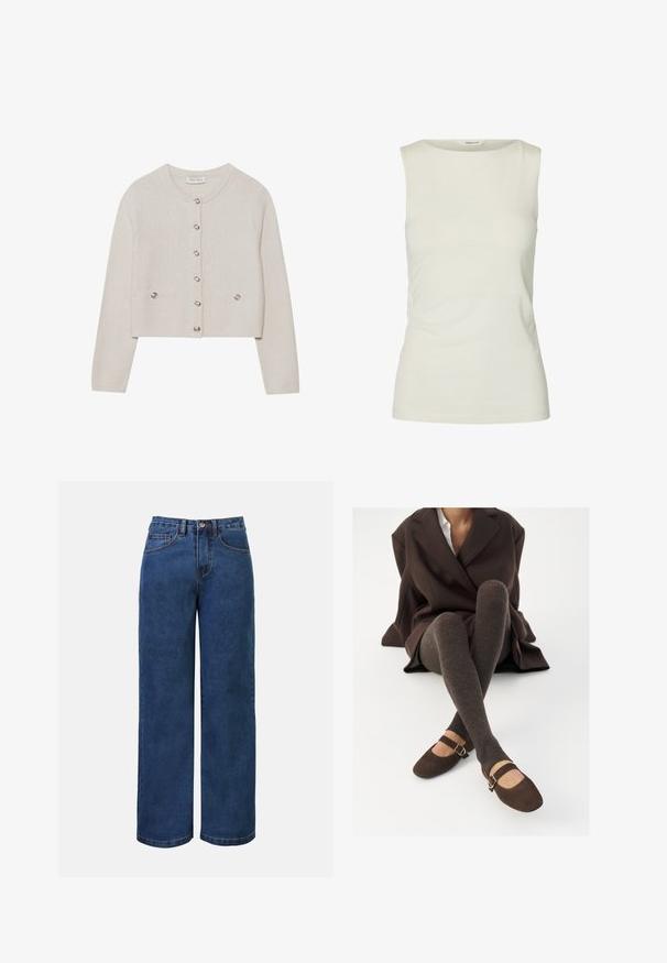 Cárdigan de punto color crema con mangas largas, escote redondo, seis botones delanteros y dos pequeños bolsillos con botones en la cintura.; Camiseta sin mangas blanca lisa con escote redondo, hecha de tela lisa, mostrada sobre un fondo blanco.; Pantalones vaqueros de mezclilla azul oscura de pierna ancha con cintura elevada, con cierre de botón, trabillas para el cinturón y bolsillos delanteros y traseros. Textura suave.; Medias marrones acanaladas hasta la rodilla combinadas con unos zapatos planos Mary Jane de ante marrón, que cuentan con una correa decorativa y hebilla, llevados con un abrigo oscuro.