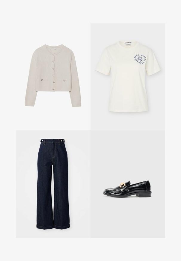 Kremfarvet strikket cardigan med lange ærmer, rund halsudskæring, seks knapper foran og to små knaplukning lommer ved taljen.; Hvid T-shirt med korte ærmer med et blåt blomsterlignende vin-design formet som et hjerte på venstre brystområde.; Mørkeblå vide jeans lavet af denim, med høj talje, fem-pocket design og kontrasterende orange syninger.; Sorte patenterede lædersko med rund tå, guld hardware-detalje, lav hæl og glat overflade. Slank og minimalistisk design.