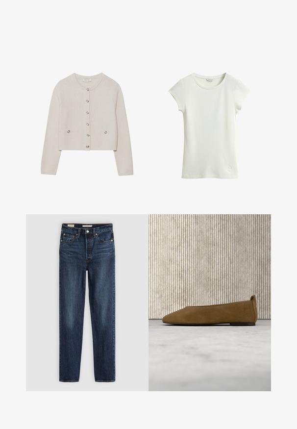 Cárdigan de punto color crema con mangas largas, escote redondo, seis botones delanteros y dos pequeños bolsillos con botones en la cintura.; Camiseta blanca de punto acanalado de manga corta con cuello redondo y estilo ajustado sobre fondo blanco.; Vaqueros rectos de color azul oscuro con cinco bolsillos, cierre de botón y cremallera, y costuras en contraste.; Zapato plano de ante marrón con suela negra flotando sobre una alfombra beige, con muebles de color ámbar translúcido en el fondo.