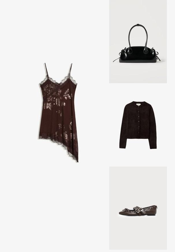 Cardigan brun foncé avec un col rond, fermeture à boutons et manches longues. Fabriqué en matériau tricoté doux, avec une texture lisse.; Robe nuisette en soie brun foncé avec imprimé floral métallique, bordure en dentelle, fines bretelles et ourlet asymétrique sur fond blanc.; Chaussure plate en cuir marron foncé avec bout pointu, doubles brides à boucles argentées, œillets métalliques et nœud décoratif à l'avant.; Petit sac à main noir brillant avec deux longues anses et des détails à cordon sur les côtés sur un fond clair uni.