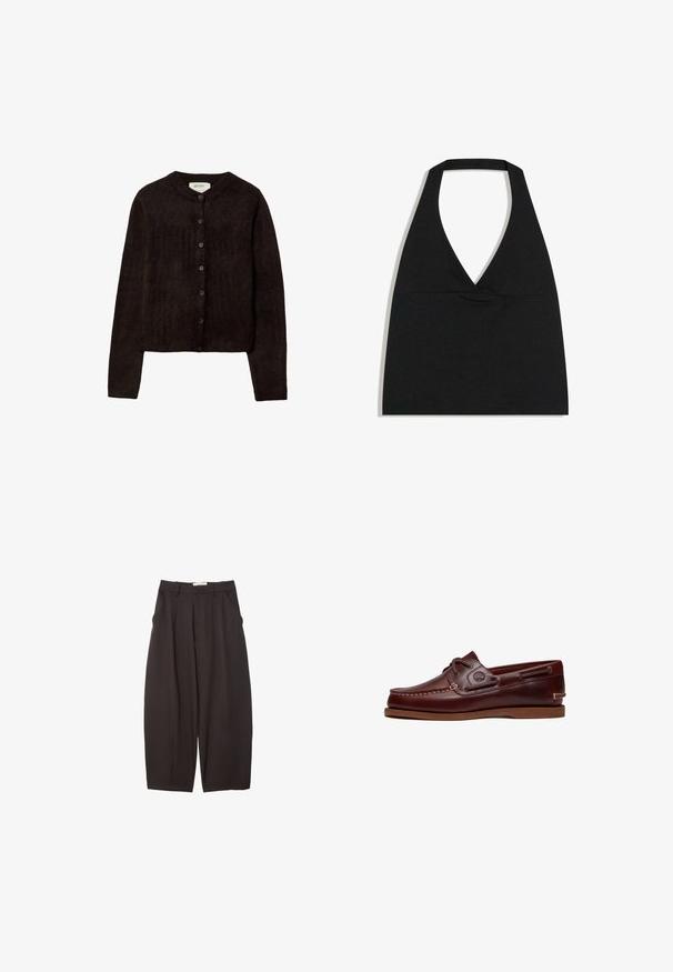 Cardigan brun foncé avec un col rond, fermeture à boutons et manches longues. Fabriqué en matériau tricoté doux, avec une texture lisse.; Haut court noir à col licou avec un profond décolleté en V et une large bretelle autour du cou sur fond blanc.; Pantalons larges noirs en tissu lisse, avec une taille haute, des plis avant et des poches latérales. Design simple sans embellissements.; Chaussure bateau en cuir marron avec lacets, détails de couture et logo Timberland sur le côté, présentée sur un fond blanc.