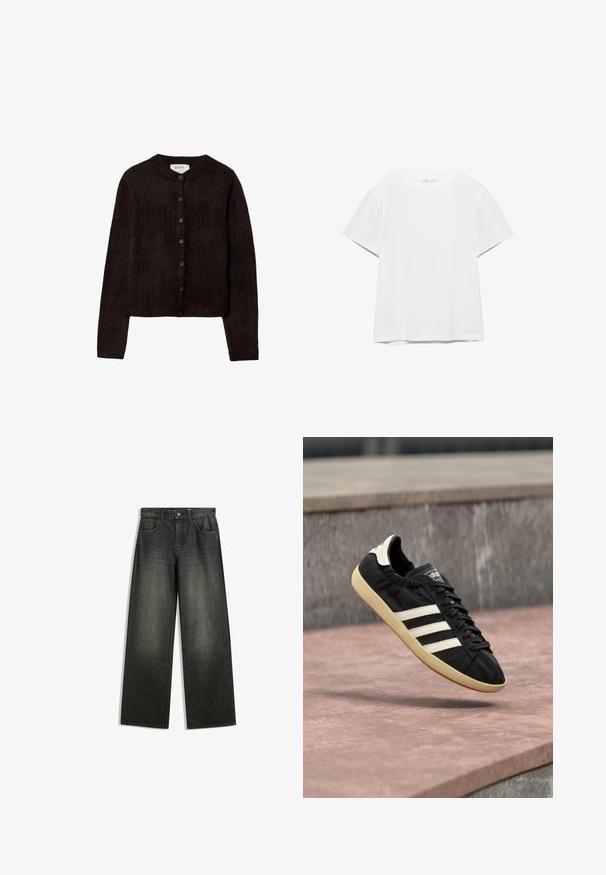 Cardigan brun foncé avec un col rond, fermeture à boutons et manches longues. Fabriqué en matériau tricoté doux, avec une texture lisse.; T-shirt blanc uni à manches courtes et col rond, avec un ourlet droit, présenté sur un fond blanc.; Jeans évasés en denim gris foncé avec une finition délavée, un design à cinq poches et une fermeture à bouton à la taille.; Baskets Adidas noires avec des bandes blanches et une semelle beige, capturées en plein air au-dessus d'une surface en pierre et d'un mur en pierre en arrière-plan.