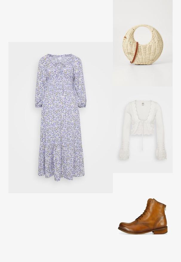 Hvid cropped cardigan med strikket tekstur, bølgede kanter, lange klokkeærmer og snøre-lukning fortil.; Blomstret kjole med lilla bund, prydet med hvide og gule blomster. Lange ærmer, rynket halsudskæring og lagdelt kant. Letvægtsstof.; Brun læder ankelstøvle med rund tå, snørebånd foran, lynlås i siden og en lav træhælt. Har et diskret præget logo på hælen.; Rund flettet taske i naturligt strå med en tekstureret overflade. Har en glat brun læderrem og et cirkulært håndtag.