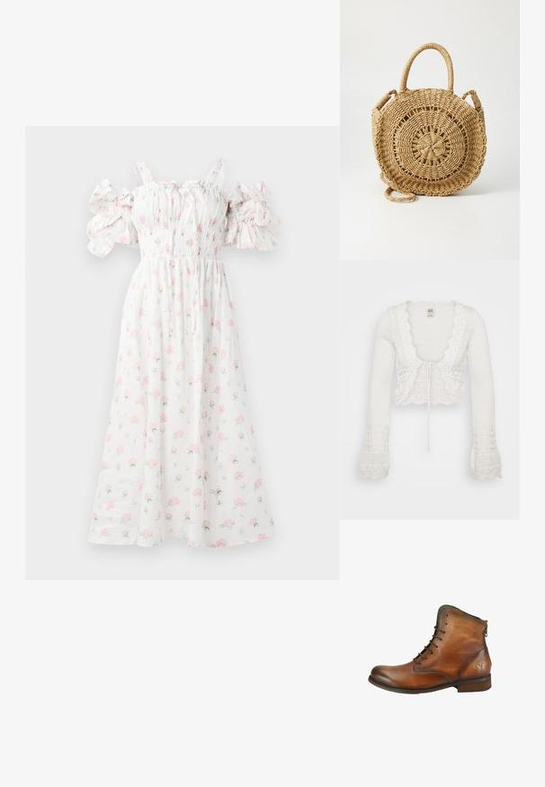 Hvid cropped cardigan med strikket tekstur, bølgede kanter, lange klokkeærmer og snøre-lukning fortil.; Hvid blomsterkjole med pink rosetter, smocket liv, skulderfri puffærmer og en svævende silhuet.; Brun læderankelstøvle med snørelukning foran, lav hæl, lynlås bagpå og butterfly præget nær hælen på en hvid baggrund.; ONLY ONLPENELOPE BEACH ROUND CROSSOBODY - Skuldertasker - toasted coconut