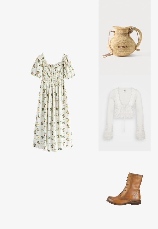 Cardigan blanc court avec une texture tricotée, des bords festonnés, de longues manches évasées et un cordon de serrage à l'avant.; Robe midi blanche à manches bouffantes, corsage froncé et imprimé floral avec des fleurs jaunes et rouges ainsi que des feuilles vertes.; Bottes de cheville en cuir marron avec une texture lisse, bout rond, six œillets pour lacets et un logo embossé subtil sur le talon.; Sac à main rond en paille tissée avec une anse en corde et "ALEMAIS" brodé sur le côté en fil marron.