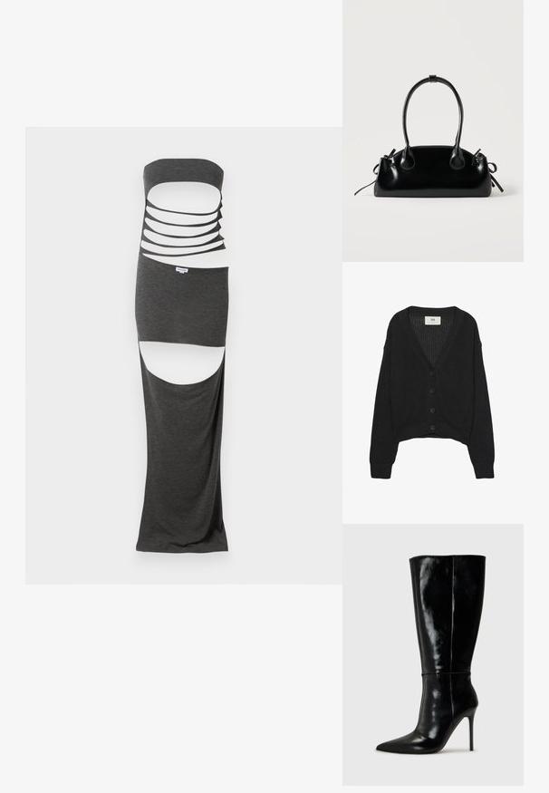 Sort strikket cardigan med V-hals, lange ærmer og cropped kant. Har knaplukning foran og ribbede manchetter. Teksturstof.; Maxi kjole i mørkegråt stof med et strapless design, der har flere horisontale udskæringer og sideslids. Glat tekstur.; Sorte læderknælange støvler med spids tå og høj stilettohæl. Glat tekstur og slank design, med minimalt detaljer.; Lille sort blank håndtaske med to lange håndtag og snøre-detaljer i siden på en ensfarvet lys baggrund.