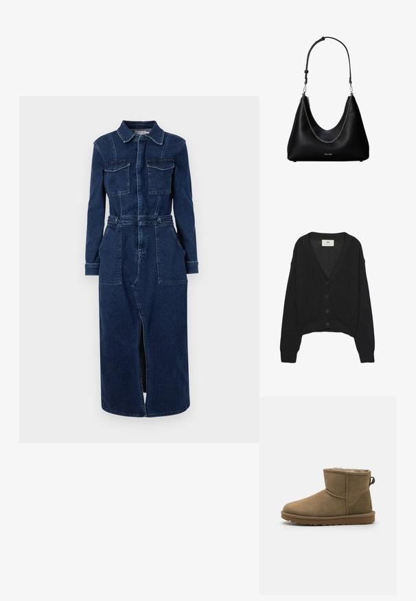 Zwarte gebreide cardigan met een V-hals, lange mouwen en een cropped zoom. Voorzien van een knoopsluiting en geribbelde boorden. Gelaagd stof.; Good American FIT FOR SUCCESS LONG SLEEVE MIDI DRESS - Spijkerjurk - indigo; Bruine suède enkelboot met een zachte, pluizige voering, ronde neus en een lusaccent aan de achterkant. Vlakke rubberen zool met een gestructureerde grip.; Zwarte leren handtas met een zilveren kettingdetail en verstelbare schouderriem, met het Calvin Klein-logo aan de voorkant.