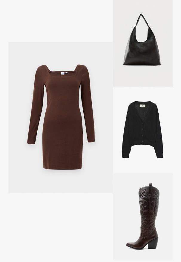 Cardigan noir en tricot avec un col en V, des manches longues et un ourlet court. Il possède un bouton sur le devant et des poignets côtelés. Tissu texturé.; Robe longue marron à manches longues avec un décolleté carré, fabriquée à partir d'un tissu lisse, au design ajusté et à la coupe au genou. Sans motifs ni accents.; Botte de cowboy haute en cuir marron foncé avec motifs décoratifs cousus, bout pointu et talon bloc empilé.; Sac bandoulière en cuir noir lisse avec une large sangle unique et un design décontracté et minimaliste sur un fond uni.