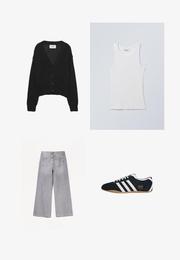 Sort strikket cardigan med V-hals, lange ærmer og cropped kant. Har knaplukning foran og ribbede manchetter. Teksturstof.; Hvid bomulds tanktop med rund halsudskæring og brede skulderstropper. Har ribstrikket tekstur og lige kant forneden. Mærke vist ved halsudskæringen.; Grå brede jeans med høj talje, der har en glat tekstur, to baglommer og subtile syninger.; Sort ruskinds sneaker med hvide tre striber, guldlogo og en brun gummisål. Har et lavprofil snørebåndsdesign.