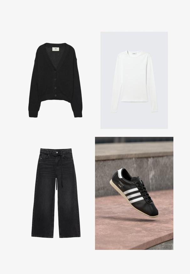 Sort strikket cardigan med V-hals, lange ærmer og cropped kant. Har knaplukning foran og ribbede manchetter. Teksturstof.; Langærmet, enkel hvid T-shirt med rund halsudskæring og tætsiddende pasform, vist mod en lysegrå baggrund.; Sorte jeans med vide ben, forlommer, bæltestropper, knaplukning, lynlås og en sort snor i taljen.; Sort lædersneaker med hvide striber og sål, snøret, svævende over en rosa betonoverflade med en grå stenvæg i baggrunden.
