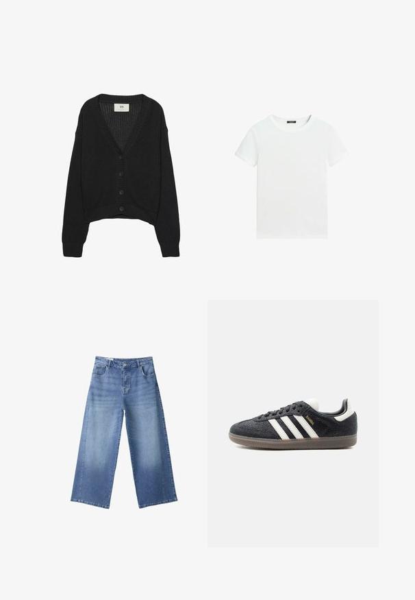 Sort strikket cardigan med V-hals, lange ærmer og cropped kant. Har knaplukning foran og ribbede manchetter. Teksturstof.; Almindelig hvid T-shirt med korte ærmer, rund halsudskæring og lille sort label inden i kraven.; Blå vidde jeans med høj talje, foran knap, lynlås og lommer, lagt fladt på en hvid baggrund.; Sort Adidas Samba sneaker med hvide striber, gumisål og guldfarvet "Samba" tekst på siden, vist fra venstre profil på ensfarvet baggrund.