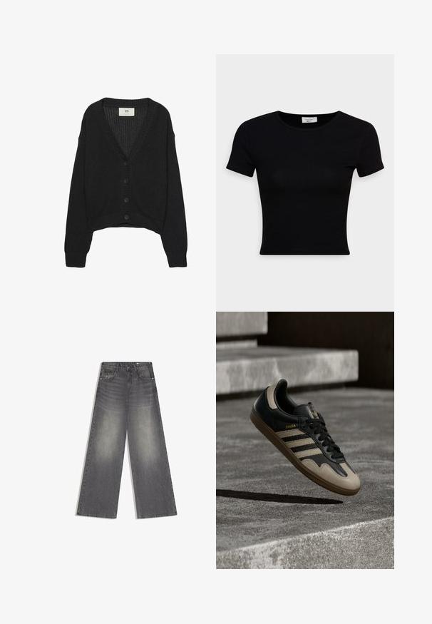 Cardigan noir en tricot avec un col en V, des manches longues et un ourlet court. Il possède un bouton sur le devant et des poignets côtelés. Tissu texturé.; T-shirt noir à manches courtes en coton lisse, avec un col rond et une coupe ajustée. Minimaliste, sans motifs visibles.; Jean en denim gris à taille haute avec jambes larges, détails délavés, bouton et fermeture éclair à l'avant, et poches, sur un fond blanc.; Baskets en cuir noir et beige avec trois bandes blanches, semelle en caoutchouc beige et détail en or "Samba" sur le côté.