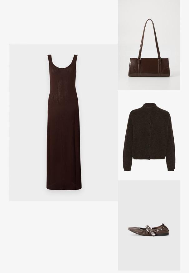 Gestuz ALPHAGZ - Vest - dark brown; Bruine geribbelde maxijurk met een ronde hals en mouwloos ontwerp, met een aansluitende silhoët en een gladde textuur.; Bruine gepatineerde leren ballerina met een spitse neus, elastische strikdetail en een zilveren gespaccent aan de zijkant. Zwarte rubberen zool.; Bruine lakleren handtas met een rechthoekige vorm, twee lange handvatten en subtiele gebogen accenten aan de voorkant.